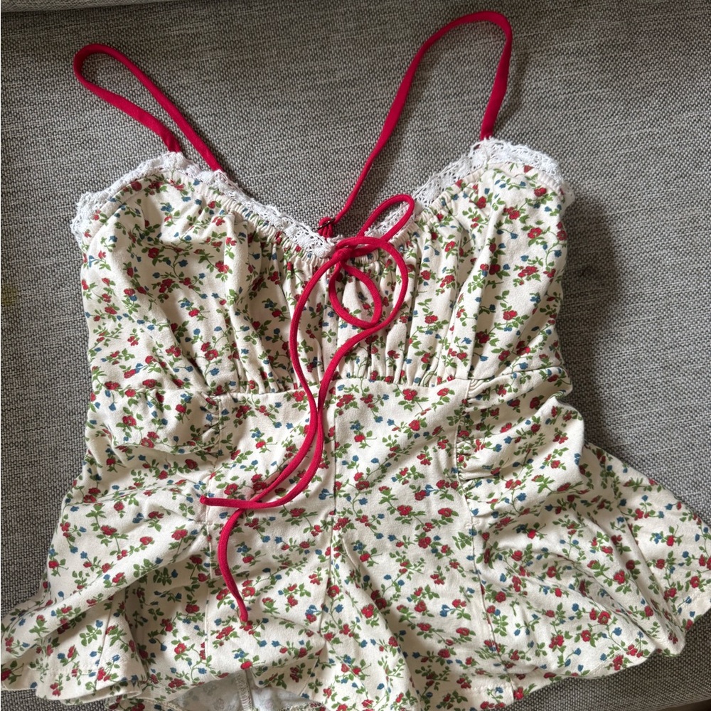 Free People Floral Lace Trim Top - Red and Cream